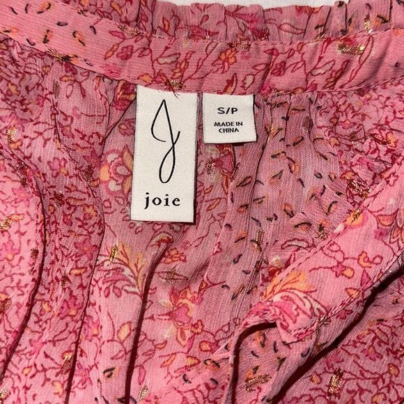 joie S Mock Neck Tie Front Long Balloon Sleeve Pink Gold Metallic Blouse - Picture 10 of 12